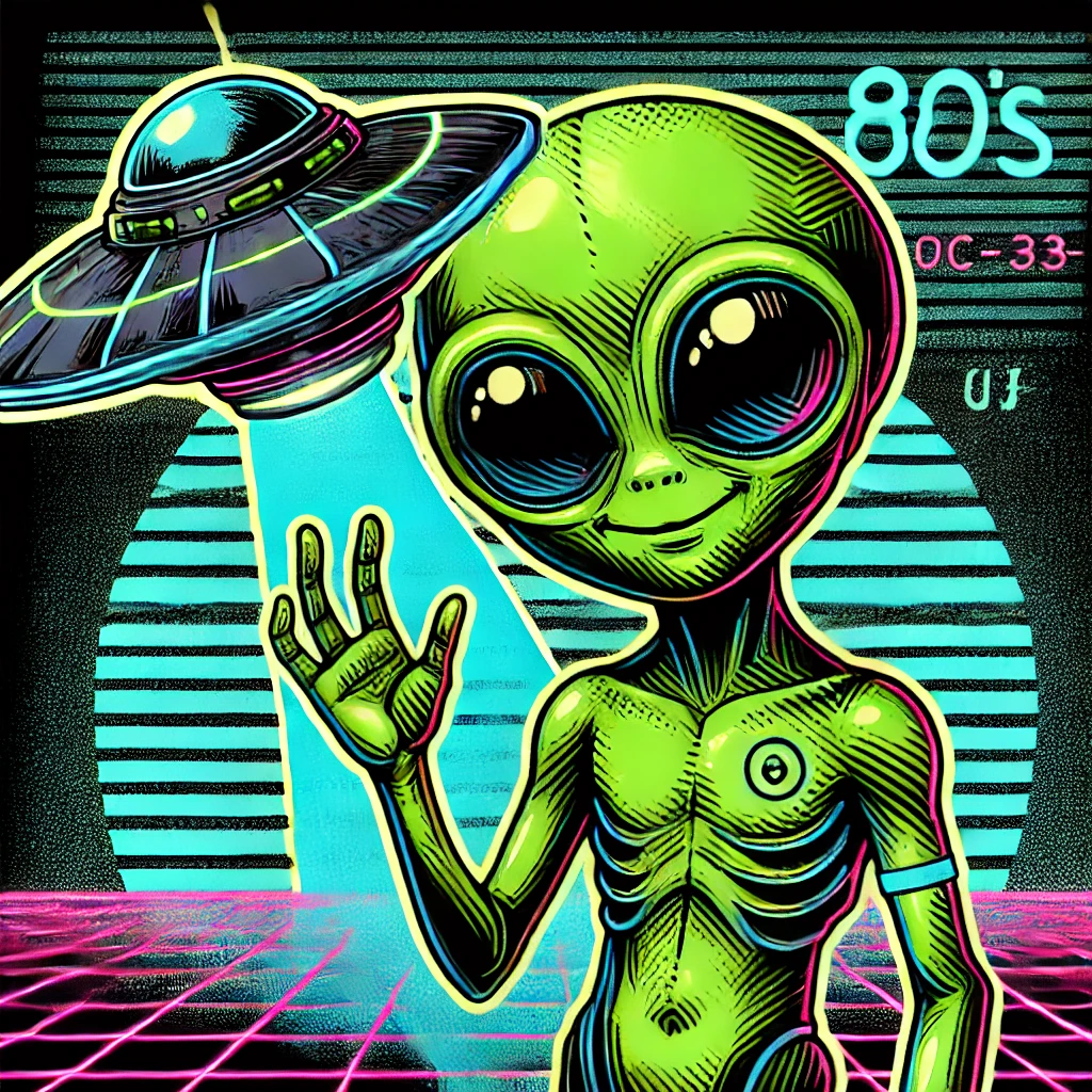 80's green alien with flying saucer